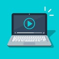 Video Player Icon on laptop screen. Flat cartoon media player symbol isolated image. Vector illustration. Royalty Free Stock Photo