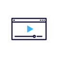 Video player icon with play button, window controls, and progress line. Vector illustration symbol for digital media interface and