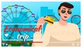 Video player interface, man with credit card telling about economical trip, stylish blogger