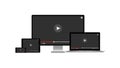 Video player on an isolated multiple devices desktop monitor laptop tablet and smartphone screen with play button Royalty Free Stock Photo