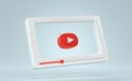 Video player with red button and empty white frame interface, angle view, 3d render. Social media concept, online Royalty Free Stock Photo