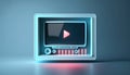 Video player software 3D program on monitor screen neon glowing, modern fast media player