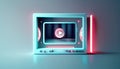 Video player software 3D program on monitor screen neon glowing, modern fast media player