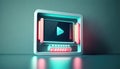 Video player software 3D program on monitor screen neon glowing, modern fast media player