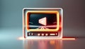 Video player software 3D program on monitor screen neon glowing, modern fast media player