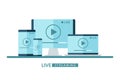 Video player window live streaming. Desktop computer, laptop, tablet and smartphone with play button on screen. Royalty Free Stock Photo