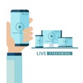 Video player window live streaming. Hand holding smartphone with play button on screen. Desktop computer, laptop and tablet. Royalty Free Stock Photo