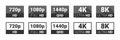 Video quality symbol. HD, Full HD, 2K, 4K, 8K resolution icons. High definition display resolution icon standard. Vector Royalty Free Stock Photo