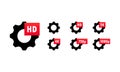 Video quality symbol HD, Full HD, 2K, 4K, 720p, 1080p icon set. Gears with quality sign. High definition display resolution icon