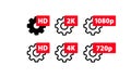 Video quality symbol HD, Full HD, 2K, 4K, 720p, 1080p icon set. High definition display resolution icon standard. Gears with Royalty Free Stock Photo