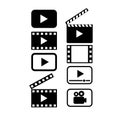 Video related icon set clapperboard , play buttons , video icon , tape icon or camera icon vector illustrations black and white