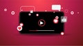 Video screen play button, Streaming preview template, 3d with likes and hearts, happy live, social media concept with media icons