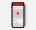 Video sharing socail media post in light theme. cellphone mockup. red play button,