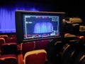 Video shooting in the theater. Digital camcorder with LCD display. Empty auditorium. Blue curtain on stage