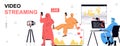 Video streaming concept in flat cartoon design for web banner. People creating blog content, doing game live streaming