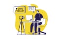 Video streaming web concept with flat people for website design. Man broadcasting online using camera and sitting desk, calling by Royalty Free Stock Photo