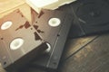 Video tapes on table Royalty Free Stock Photo