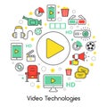 Video Technologies Line Art Thin Icons Set with Cinema Elements