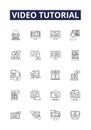 Video tutorial line vector icons and signs. Tutorial, Instruction, Course, Guide, Learn, Demonstration, Training, Clip