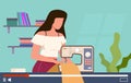 Video tutorials. Vector online needlework lessons, woman with sewing machine on computer screen, internet handiwork