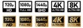 Video or tv screen resolution icons set. Black, white and golden version, size from 720p to 8k Royalty Free Stock Photo