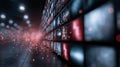 Video wall displaying numerous screens with data and abstract images, with glowing red particles. Royalty Free Stock Photo