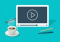 Video watching on abstract isometric working desk table vector illustration flat cartoon, idea of webinar or movie