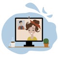 Videoconference flat vector illustration. Conference video call. Colleagues talking from home. Freelance work.