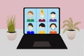 Videoconference illustration. Stay and work from home isolation. Workplace, a laptop screen home plants, people in protective Royalty Free Stock Photo