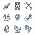 videogame elements line icons. linear set. quality vector line set such as enemy, diamond, locked, flask, flower, enemy, arrow,