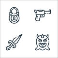 Videogame elements line icons. linear set. quality vector line set such as enemy, knife, weapon