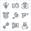 videogame elements line icons. linear set. quality vector line set such as reward, pirate flag, key, weapon, axe, banner, medicine Royalty Free Stock Photo