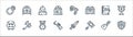 Videogame elements line icons. linear set. quality vector line set such as shield, hammer, scroll, enemy, book, egg, enemy, bonus