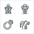 Videogame elements line icons. linear set. quality vector line set such as dragon, diamond ring, flower