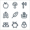 videogame elements line icons. linear set. quality vector line set such as lock, cauldron, bag, viking ship, feather, helmet, axe