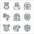 videogame elements line icons. linear set. quality vector line set such as shield, dragon, banner, shield, door, enemy, enemy,