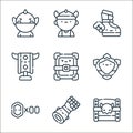 videogame elements line icons. linear set. quality vector line set such as treasure chest, gauntlet, coin, shield, spellbook,