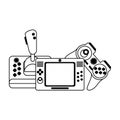 Videogame gamepads and console in black and white