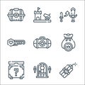 videogame line icons. linear set. quality vector line set such as explosive, dungeon, mystery, money bag, first aid, health bar,