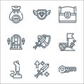 Videogame line icons. linear set. quality vector line set such as health bar, buff, joystick, adventure game, sword, dungeon,