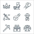 Videogame line icons. linear set. quality vector line set such as final boss, ammo, hoe, airdrop, potion, nerf, fighting game,