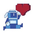 Videogame pixelated ninja character with life symbol blue lines