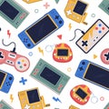 Videogame seamless pattern. Retro game controllers, modern gamepads, vintage joysticks and electronic tamagotchi
