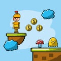 Videogame with soldier and coins with character enemies