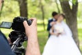 The videographer shootes the marrieds in the garden in the summer