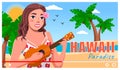 Videoplayer concept, girl with guitar at sea beach background, song hawaii paradise, video saver