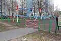 Children`s playground fenced with red-white tape during the quarantine COVID-201