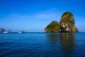 Vie of Maya Bay, Phi Phi island. Hong islands lagoon. Gray green stone rock on the background of crystal clear water in the sea