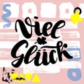 Viel glueck. Good luck in German. Typographic design on colorful cute background. Greeting card with quote. Usable as