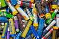 Close Up of many different old batteries Royalty Free Stock Photo